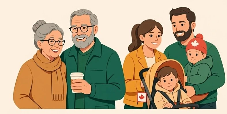 Illustration of a Canadian senior couple standing with a young family, a toddler in a stroller, and a baby in a red maple leaf toque